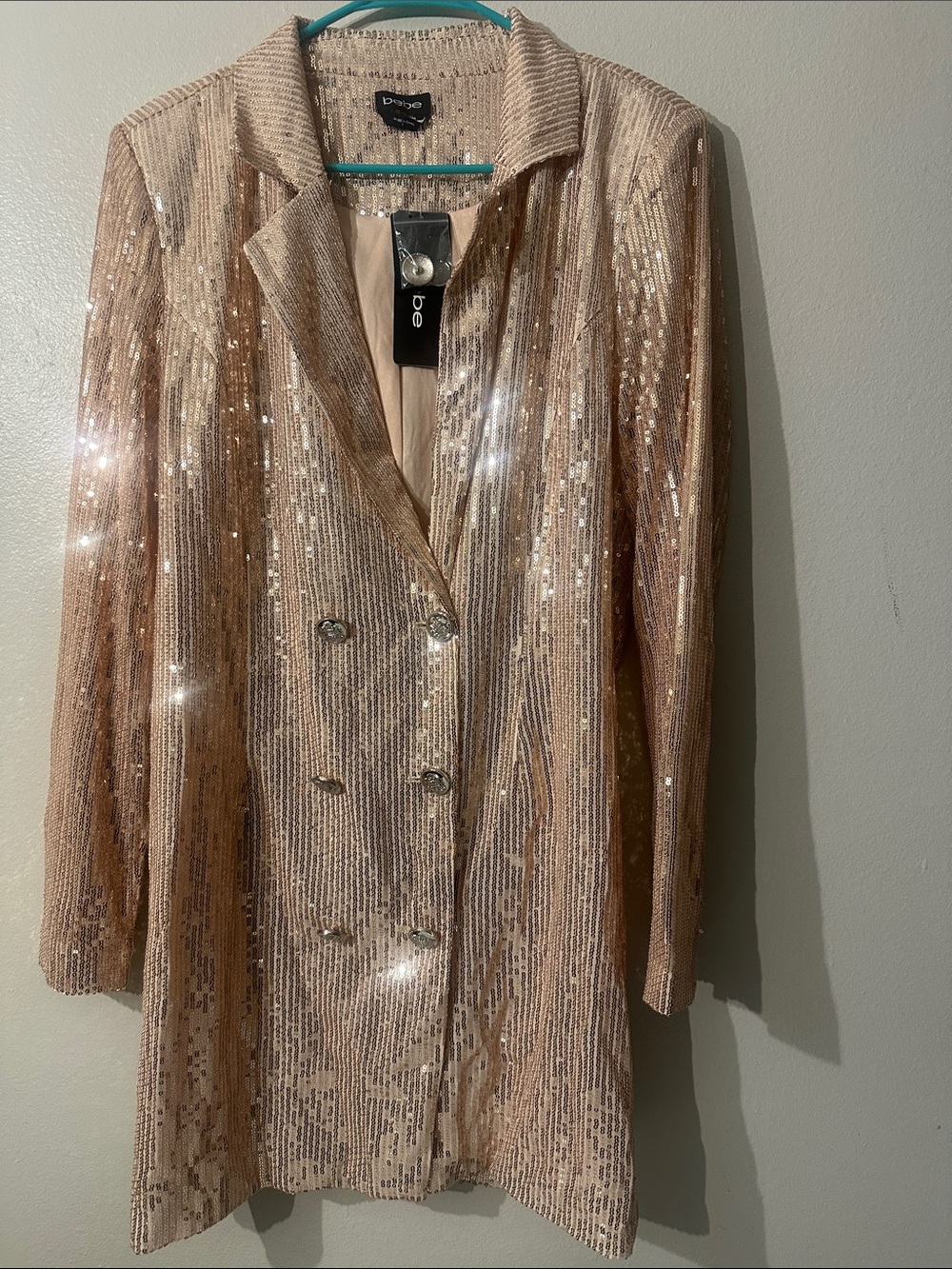 NWT BEBE Beaded Sequin Blazer Coat in Champagne Sz L